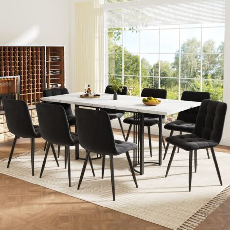 Ensemble salle à manger (9 pièces) - Table extensible 140x80cm - 8 chaises velours noir - Structure métal