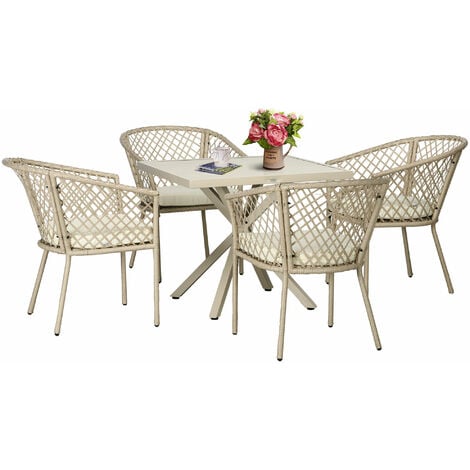 Ensemble salle à manger de jardin 4 places 5 pièces métal résine tressée beige