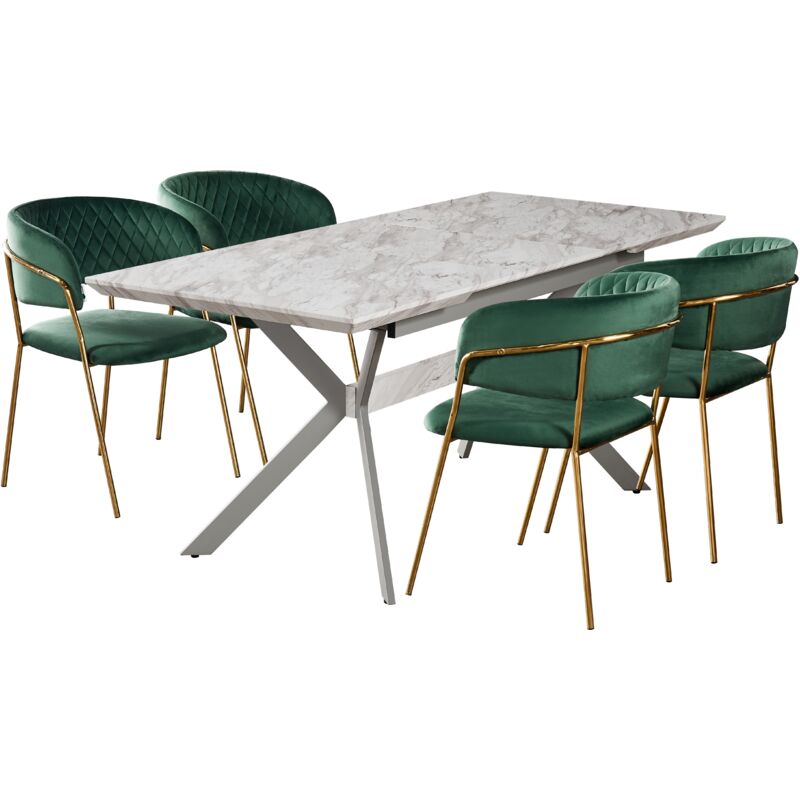 Ensemble Salle à Manger Design - Table à Manger Aspect Marbre Blanche + 4 Chaises Vertes - Style Contemporain - Table Extensible - Vert