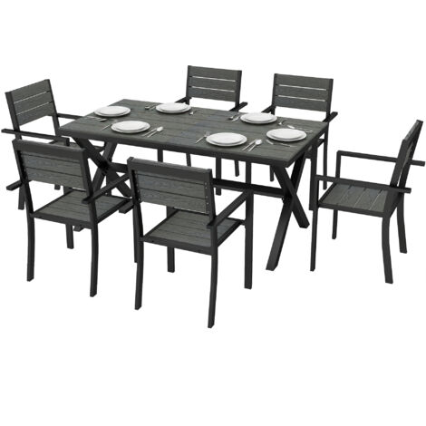 Ensemble salle à manger extérieur 7 pièces 6 personnes, table chaises empilables lattes effet bois, cadre aluminium gris
