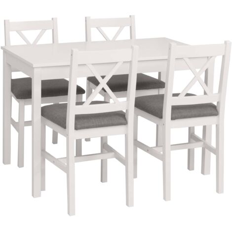 Ensemble salle à manger style maison de campagne avec table et 4 chaises en bois massif blanc avec assises grises 040009060