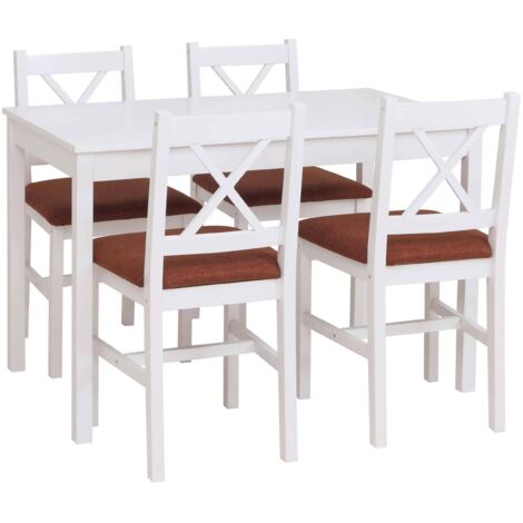 Ensemble salle à manger style maison de campagne avec table et 4 chaises en bois massif blanc avec assises terracotta 040009058