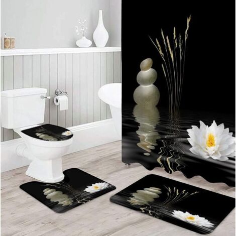 Ensemble Salle de Bain 4 Pièces Rideau Imperméable 180x180cm + Tapis Antidérapant Lot de Douche Noir Zen