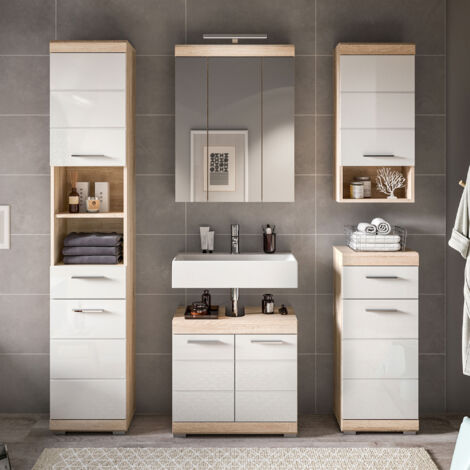 Ensemble salle de bain 5 meubles chêne clair et blanc - LAMBY
