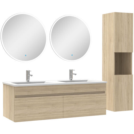 Ensemble Salle De Bain avec colonne et miroir rond 120cm meuble Chêne Wotan