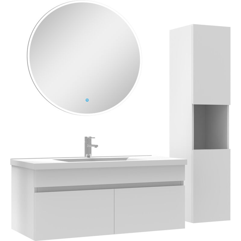 Ensemble Salle De Bain avec colonne et miroir rond 100cm meuble blanc