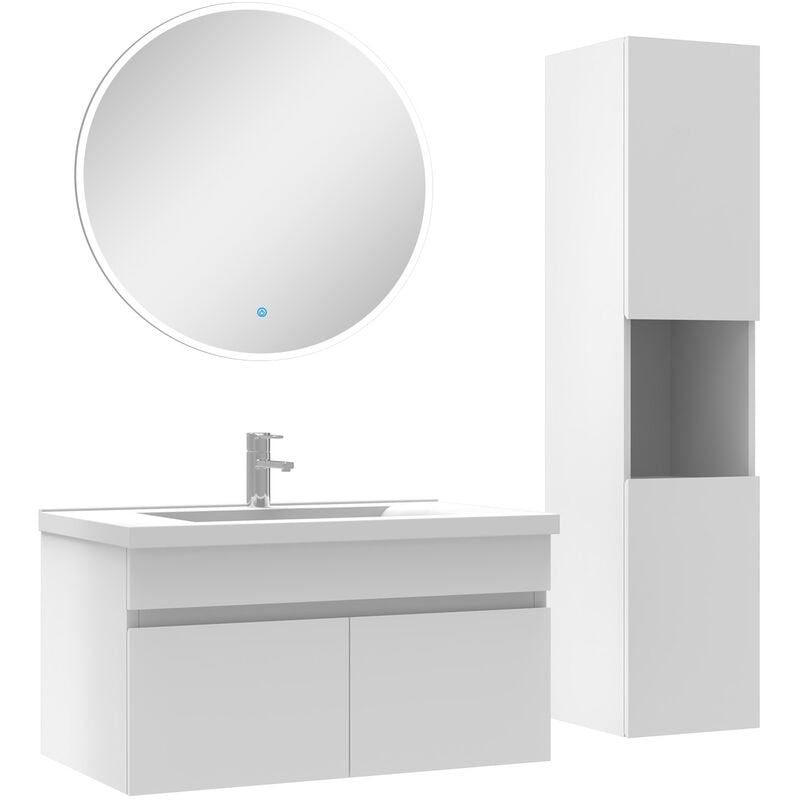Ensemble Salle De Bain avec colonne et miroir rond 80cm meuble blanc