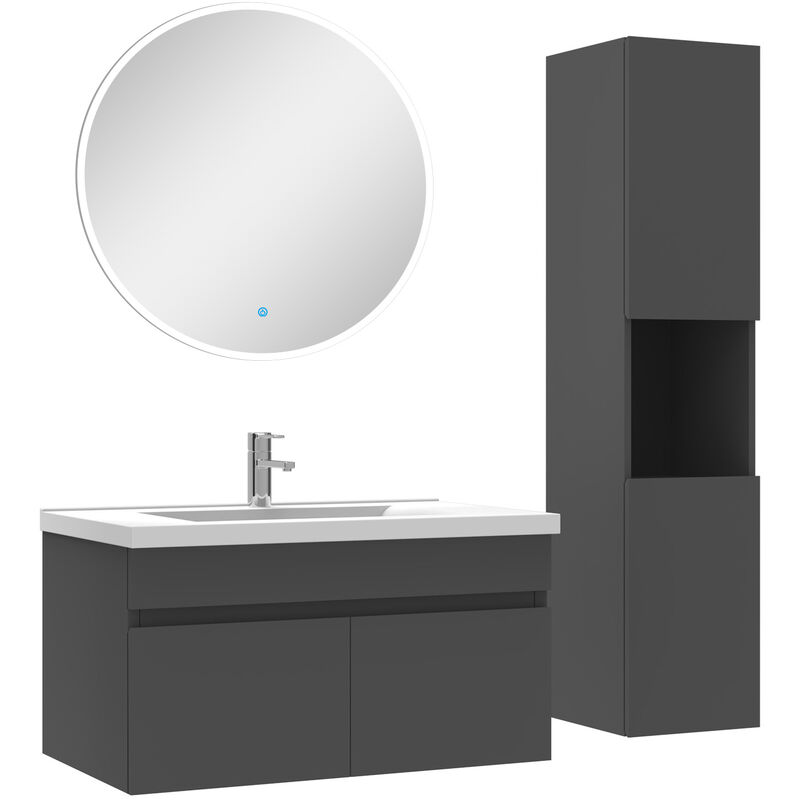 Ensemble Salle De Bain avec colonne et miroir rond 80cm meuble Anthracite