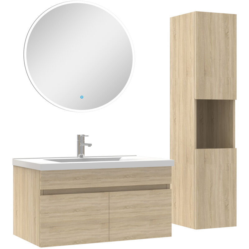 Ensemble Salle De Bain avec colonne et miroir rond 80cm meuble Chêne Wotan