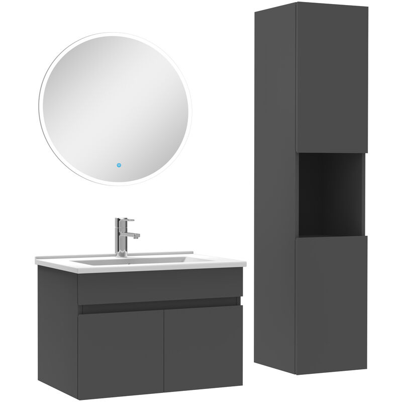 Ensemble Salle De Bain avec colonne et miroir rond 60cm meuble Anthracite