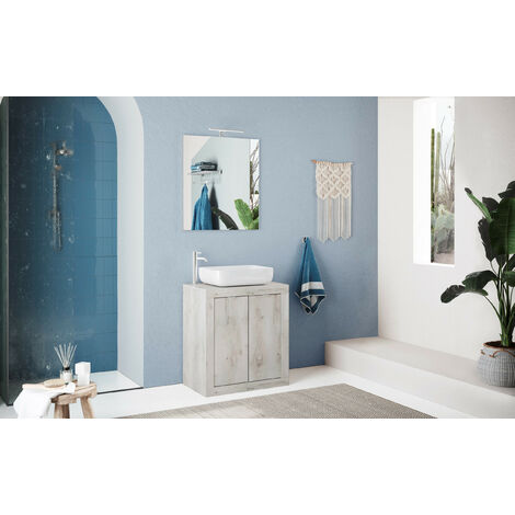 Ensemble salle de bain, meuble+miroir+vasque BASIC pin blanc, 70 x 78 x 45 cm