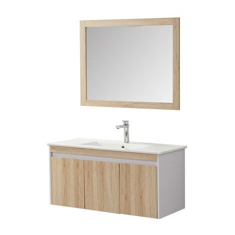 Ensemble salle de bain meuble sous vasque 99 cm – MDF bois naturel et blanc – Miroir 92 cm – Vasque porcelaine blanche – Wilsa Garden
