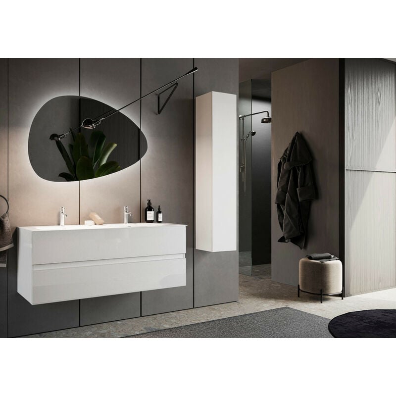 Azura Home Design - Ensemble salle de bain, meuble suspendu+colonne+double vasque start blanc brillant, 122 x 53 x 47 cm