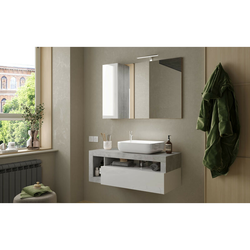 Azura Home Design - Ensemble salle de bain hamburg blanc brillant, béton 110 x 47 x 49 cm