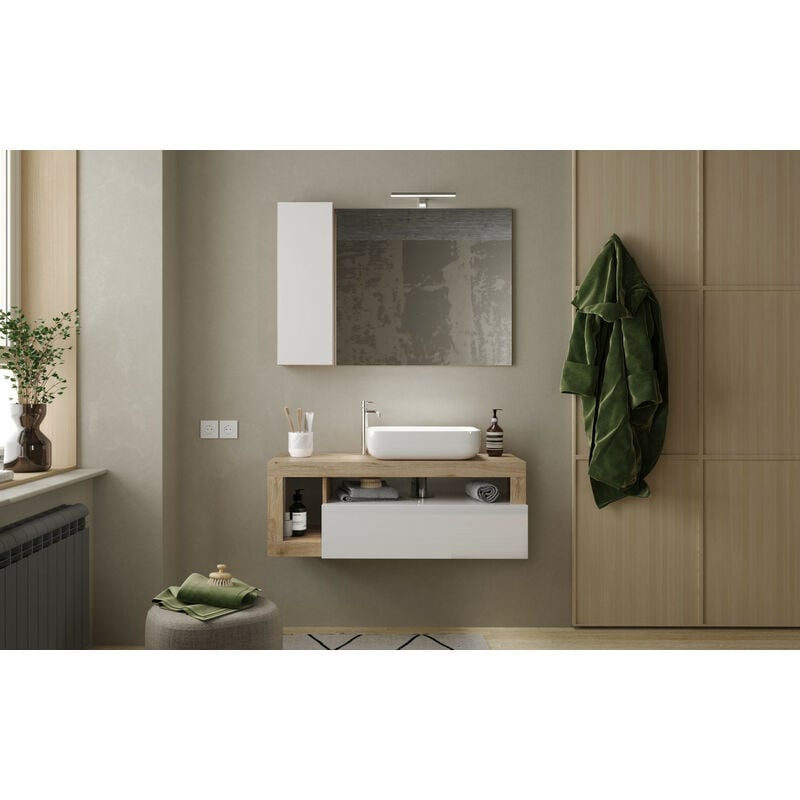 Azura Home Design - Ensemble salle de bain meuble suspendu+miroir+vasque hamburg blanc brillant, Kadiz 110 x 47 x 49 cm