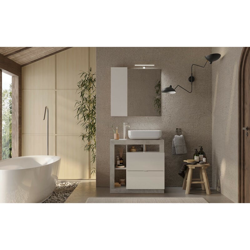 Azura Home Design - Ensemble salle de bain meuble+miroir+vasque hamburg blanc brillant, béton 79 x 79 x 49 cm