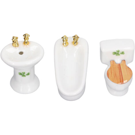 Ensemble Salle de Bain Miniature 3 Pièces Céramique Baignoire Toilette Lavabo 1/24 Maison de Poupée Motif Herbe