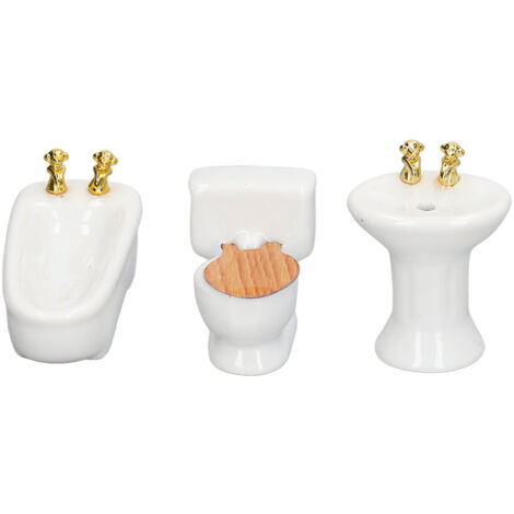 Ensemble Salle de Bain Miniature 3 Pièces Céramique Blanche 1/24, Baignoire Toilette Lavabo Simulation pour Maison de Poupée