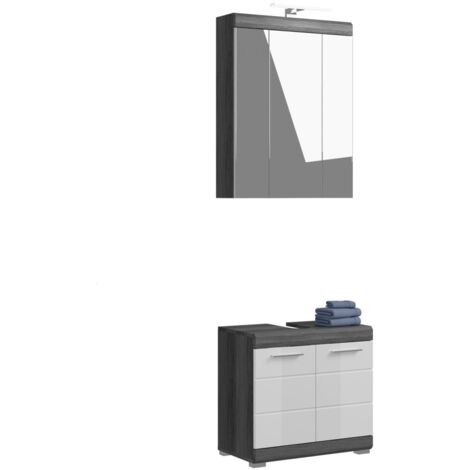 Ensemble salle de bain SCOTT – Meuble sous vasque et armoire de rangement avec miroir LED