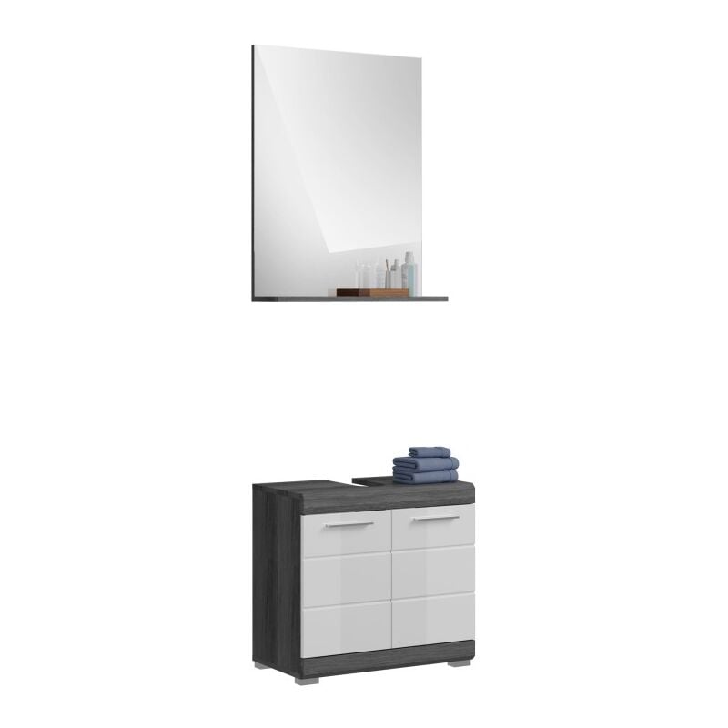 Ensemble salle de bain SCOTT – Meuble sous vasque et miroir – Gris foncé et blanc