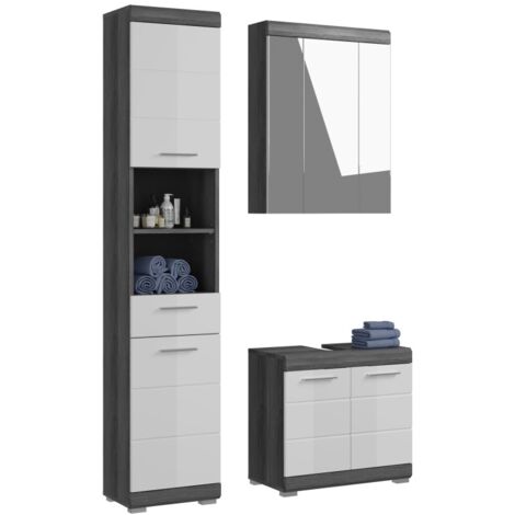 Ensemble salle de bain SCOTT – Meuble sous vasque, meuble de rangement avec miroir et colonne – Gris foncé et blanc