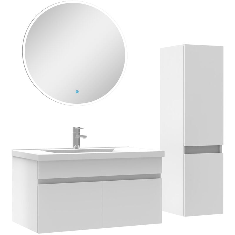 Ensemble Salle De Bain simple vasque avec colonne et miroir rond 80cm meuble blanc