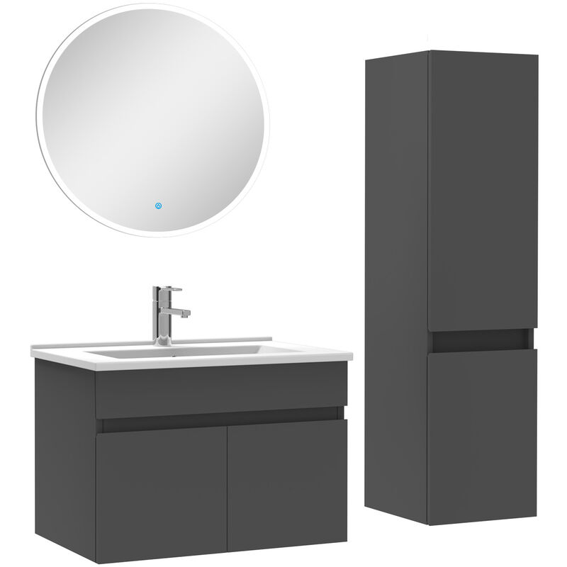 Ensemble Salle De Bain simple vasque avec colonne et miroir rond 60cm meuble Anthracite