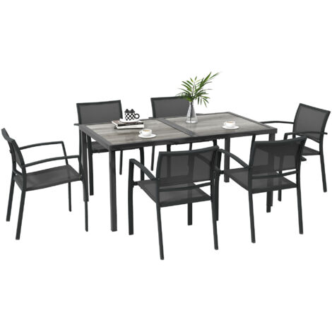 Ensemble salle manger jardin 7 pièces 1 table 6 chaises empilables métal époxy textilène gris foncé
