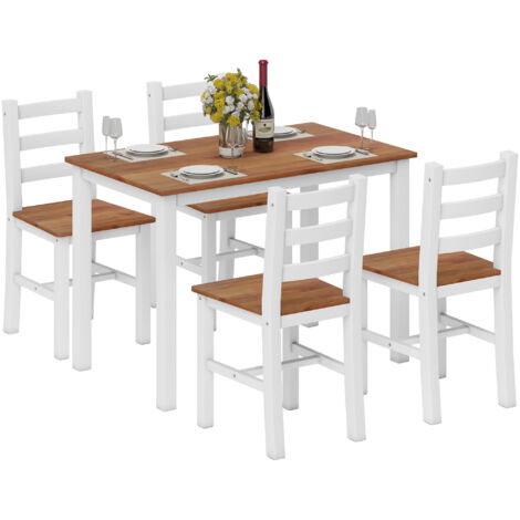 Ensemble salle manger : table + 4 chaises, bois pin, brun/blanc