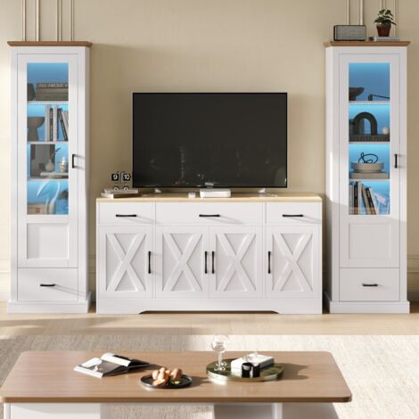 Ensemble salon : 2 vitrines LED + buffet moderne blanc + meuble multifonction bois, meuble salon/salle à manger décoré