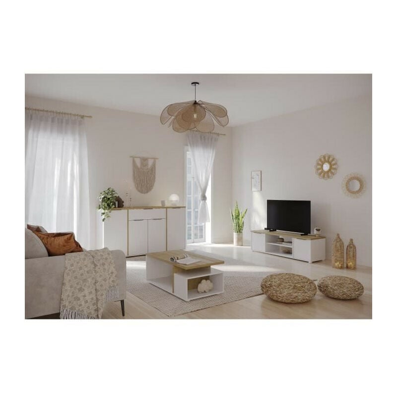 Ensemble Salon ACCESS : Table basse + Banc TV + Enfilade 4 portes - Decor chene Hamilton et blanc