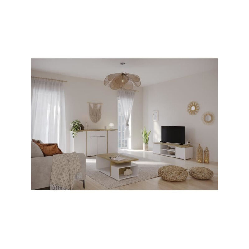 Demeyere - Ensemble Salon access : Table basse + Banc tv + Enfilade 4 portes - Decor chene Hamilton et blanc