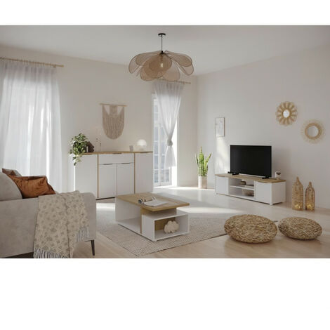 Ensemble Salon ACCESS : Table basse + Banc TV + Enfilade 4 portes - Decor chene Hamilton et blanc
