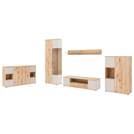 Ensemble salon complet ERINA – Buffet bas, Buffet haut, Vitrine, Meuble TV, Étagère murale – Chêne clair et beige