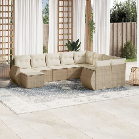 Ensemble Salon de Jardin 10 Pièces en Résine Tressée Beige avec Coussins Blanc Crème, Housse Lavable, Table Verre et Rangement Eau