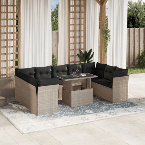 Ensemble salon de jardin 10 pièces en résine tressée gris clair avec coussins amovibles, table réglable et design modulaire