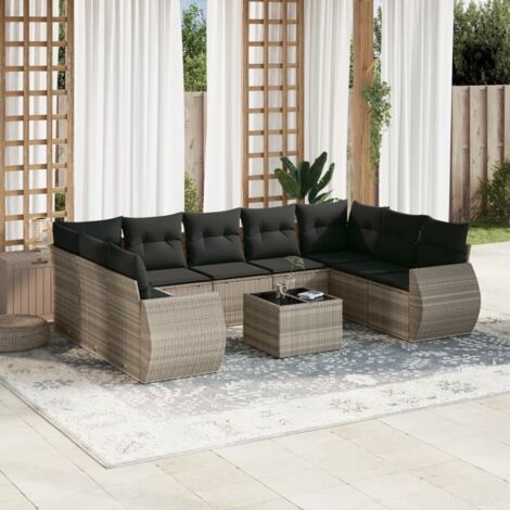 Ensemble salon de jardin 10 pièces en résine tressée gris clair avec table en verre et coussins amovibles