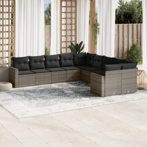 Ensemble salon de jardin 10 places en résine tressée gris avec 10 coussins et rangement intégré