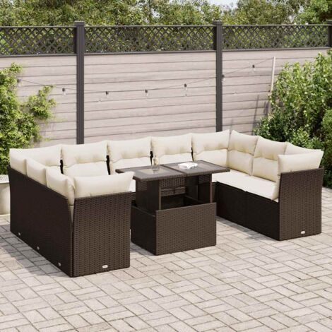 Ensemble salon de jardin 10 places en résine tressée marron avec table extensible et rangements intégrés