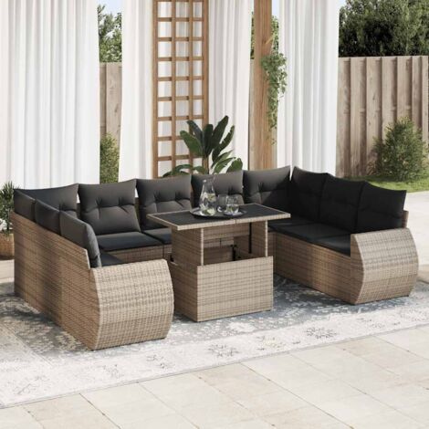 Ensemble salon de jardin 10 places gris en résine tressée avec table extensible et rangement intégré
