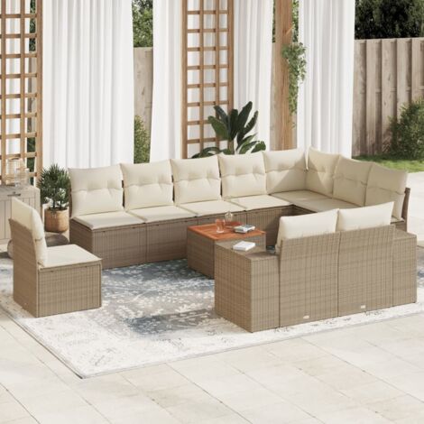Ensemble Salon de Jardin 11 Pièces Beige Résine Tressée avec Table Bois d'Acacia et Coussins Blanc Crème, Modulaire Stockage