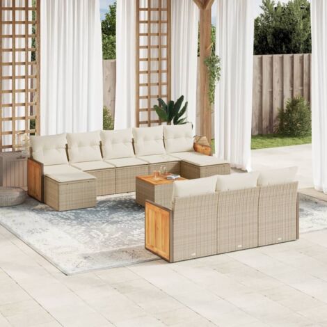 Ensemble salon de jardin 11 pièces en résine tressée beige avec coussins lavables, table bois acacia et rangement, meuble d'extérieur modulaire