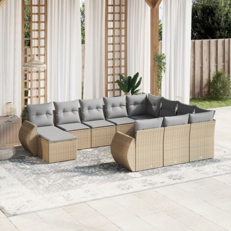 Ensemble salon de jardin 11 pièces en résine tressée beige avec coussins, modulable, table plateau acacia, sièges accoudoirs