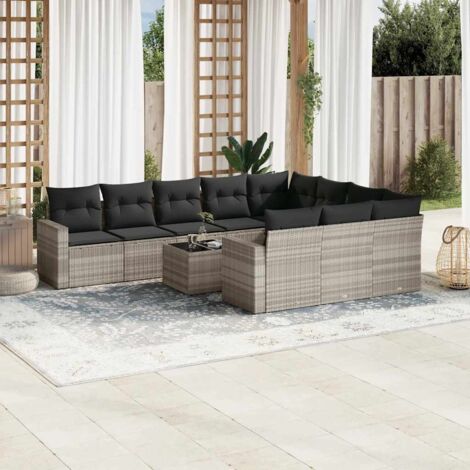 Ensemble salon de jardin 11 pièces en résine tressée gris clair avec table en verre et coussins amovibles