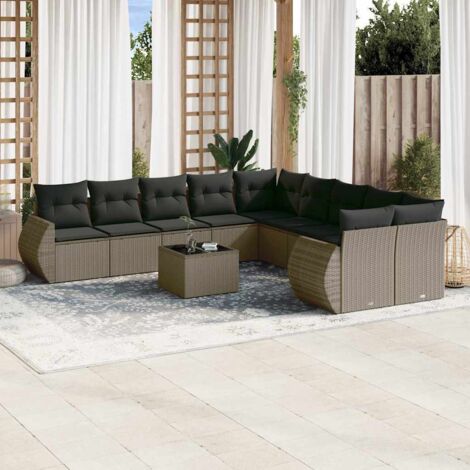 Ensemble salon de jardin 11 pièces en résine tressée gris clair avec table verre trempé et coussins déhoussables