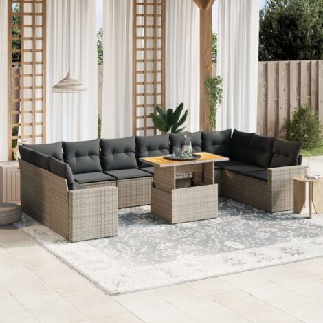 Ensemble salon de jardin 11 pièces en résine tressée grise avec coussins amovibles, table extensible et structure modulaire