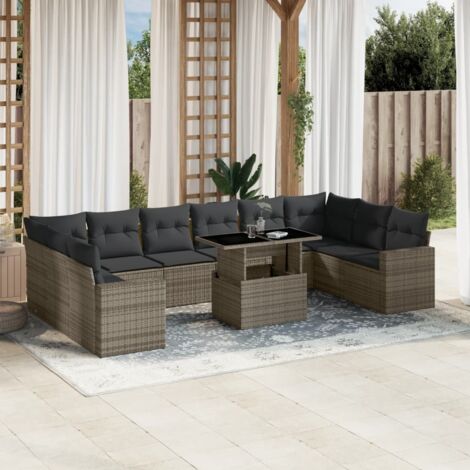 Ensemble Salon de Jardin 11 Pièces Gris Résine Tressée avec Coussins, Table Basse Réglable, Modulable