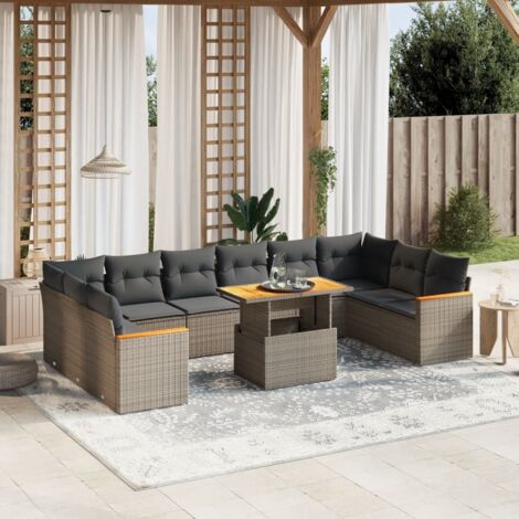 Ensemble salon de jardin 11 pièces polyrotin gris, meuble exterieur canapé modulable avec table réglable 100x55x44/73cm et coussins lavables