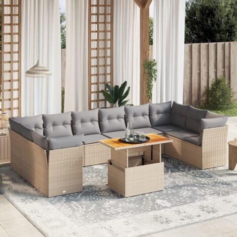 Ensemble Salon de Jardin 11 Pièces Résine Tressée avec Coussins Gris, Table Bois Acacia et Sièges Modulaires