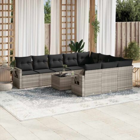 Ensemble Salon de Jardin 11 Pièces Résine Tressée Gris Clair avec Coussins Anthracite, Table en Verre Trempé, Modulaire